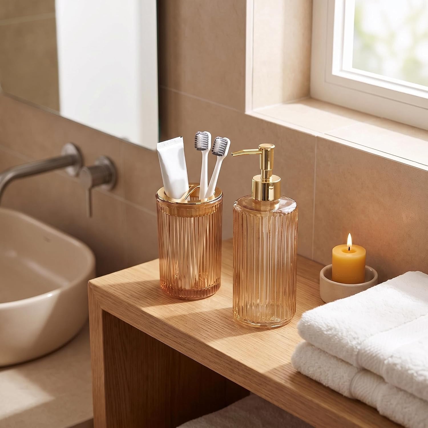 2 Pcs Brown Bathroom Accessories Set, Glass Bathroom Set, Soap Dispenser, Toothbrush Holder Set, Crystal Modern Bathroom Decor, Housewarming Gift Set