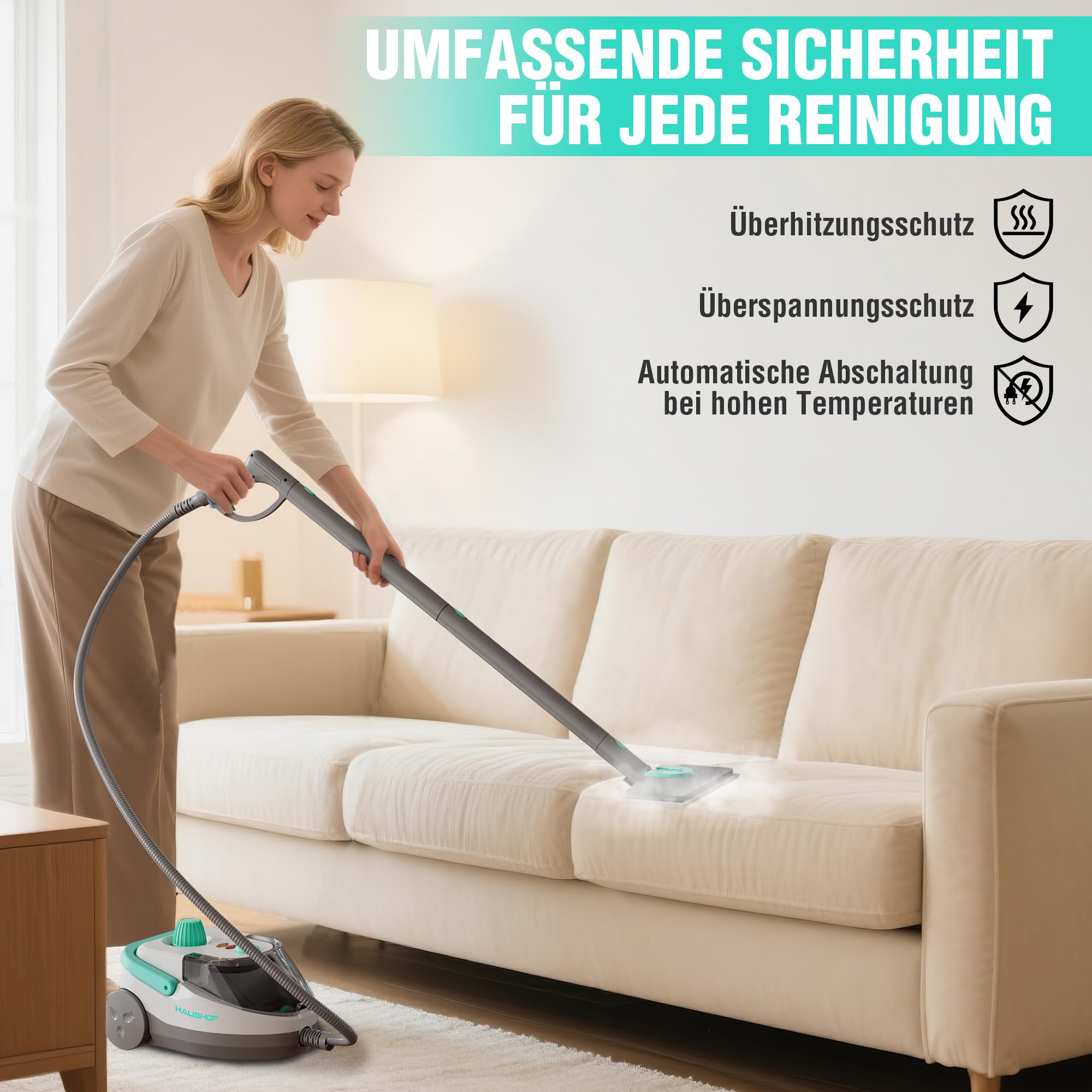 HAUSHOF Dampfreiniger 1800 W, mit 1,5 L Tank, max. 4 ,0 bar Dampfdruck, Aufheizzeit 8 Min, Dampfzeit bis zu 30 Min, inkl. 17 Zubehör & 3 m Netzkabel, für Boden, Teppich, Fenster & Küche, Weiß-Grün