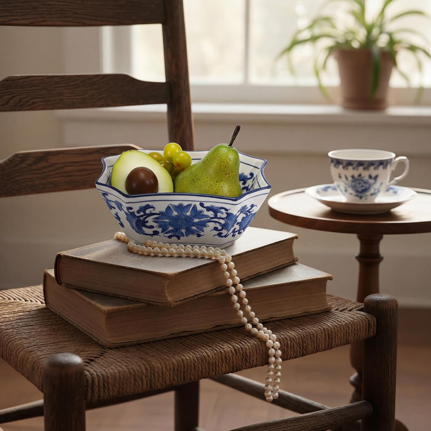 FoldTier 7" Blue White Ceramic Serving Bowl, Octagon Pedestal Salad