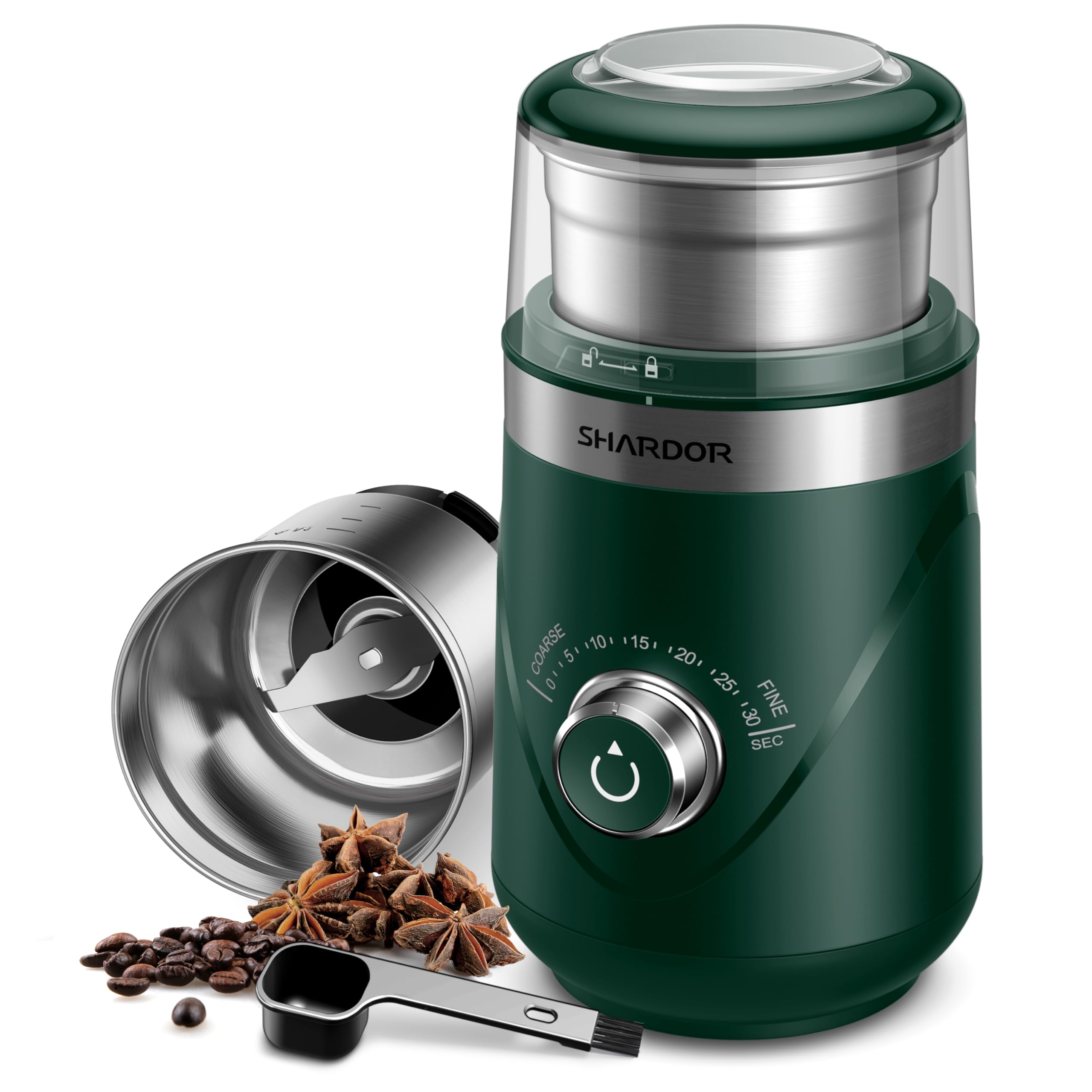 SHARDOR Electric Super Silent Blade Coffee Grinder, Timed Grind Control Rotary Knob, Adjustable Coarse to Fine for Coffee Beans, Spices &amp; Herbs, with 1 Removable Stainless Steel Bowl, Green