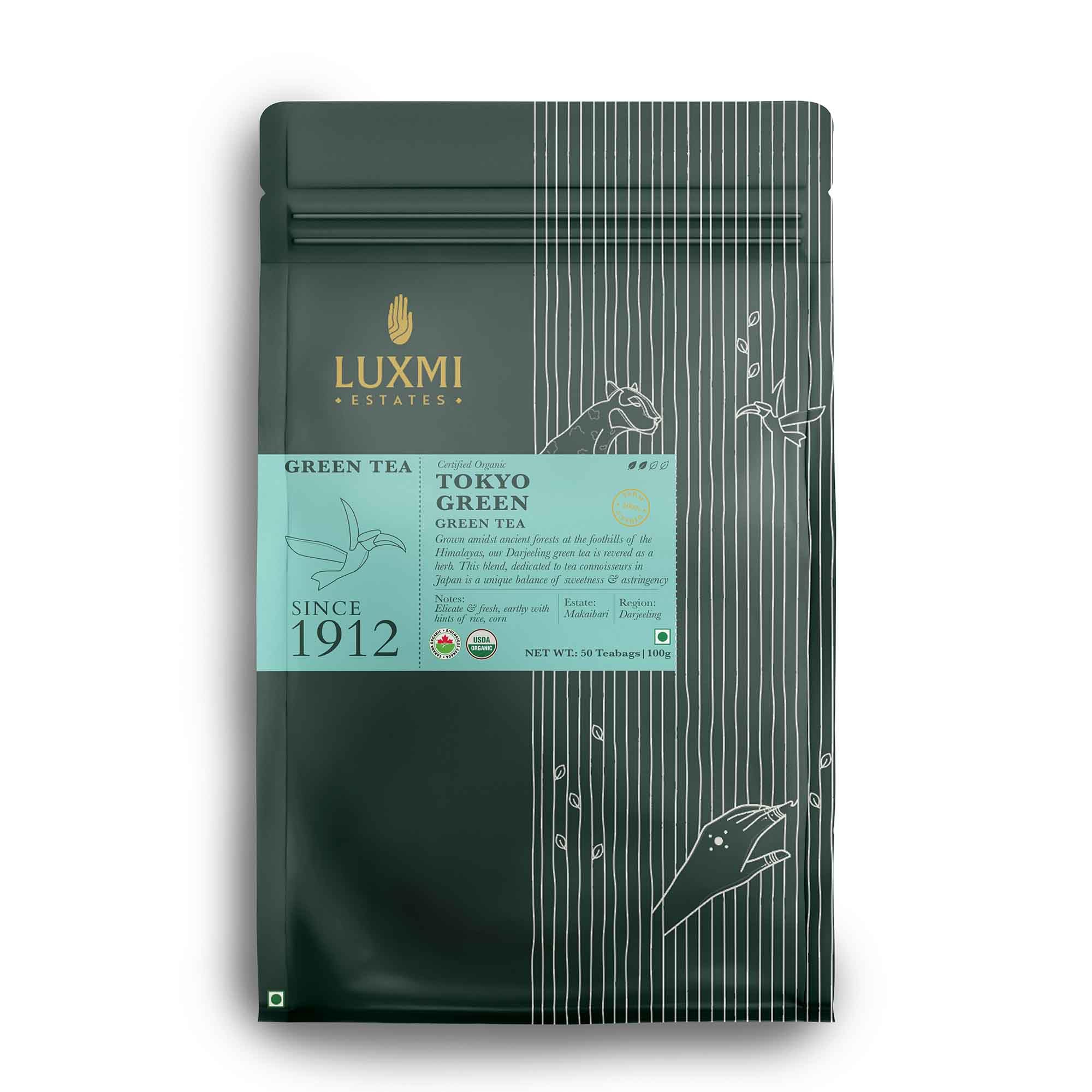 Luxmi Estates Organic Green Tea Bags (50 Count) Tokyo Green Tea For Relaxing, Calming, and Stress Relief, With Certified Organic Darjeeling Makaibari