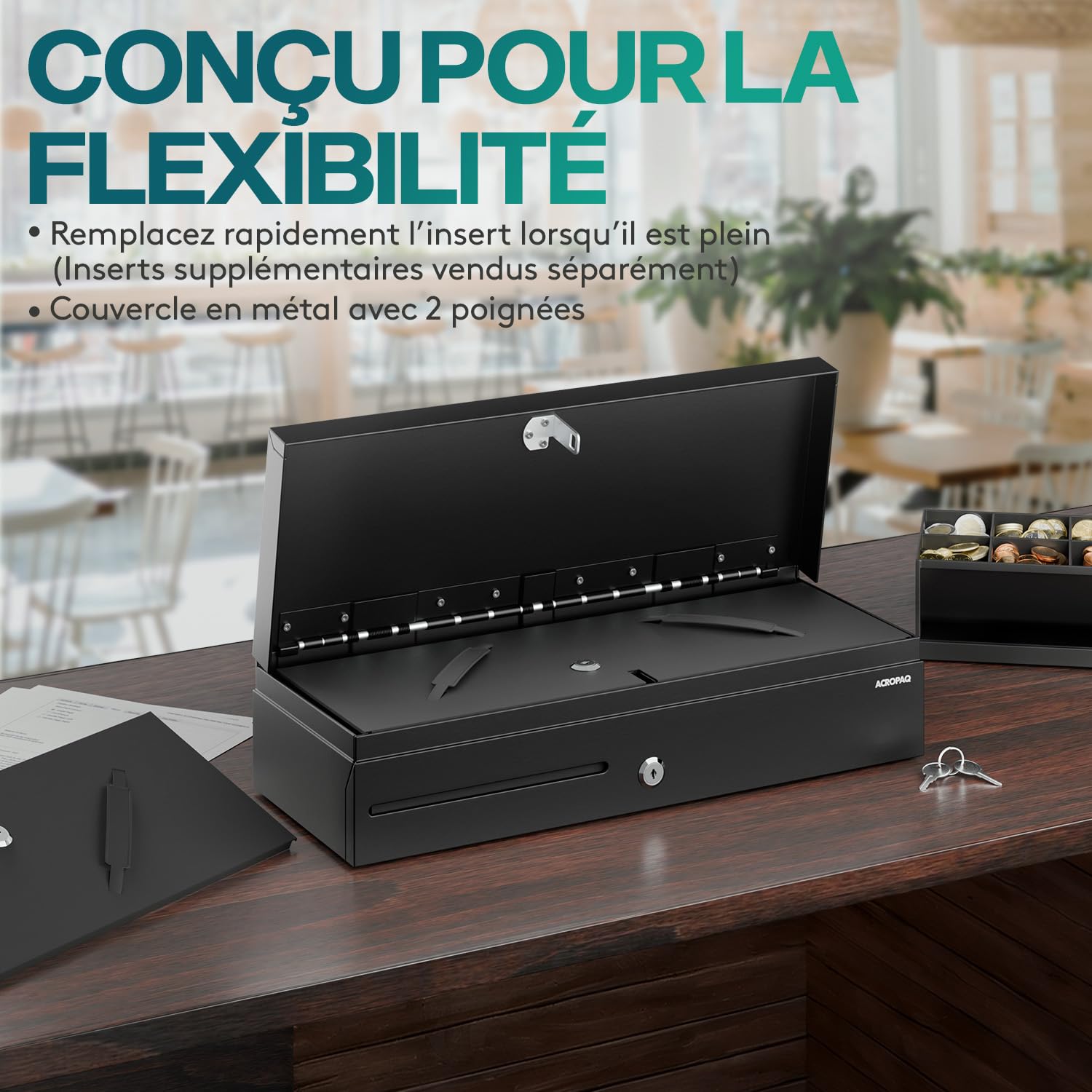 ACROPAQ Tiroir caisse Fliptop - Compatible avec caisse enregistreuse RJ11, 6 compartiments monnaie & 8 billets, Insert amovible, (46 x 18 x 10 cm) Boîtier en métal robuste - Caisse
