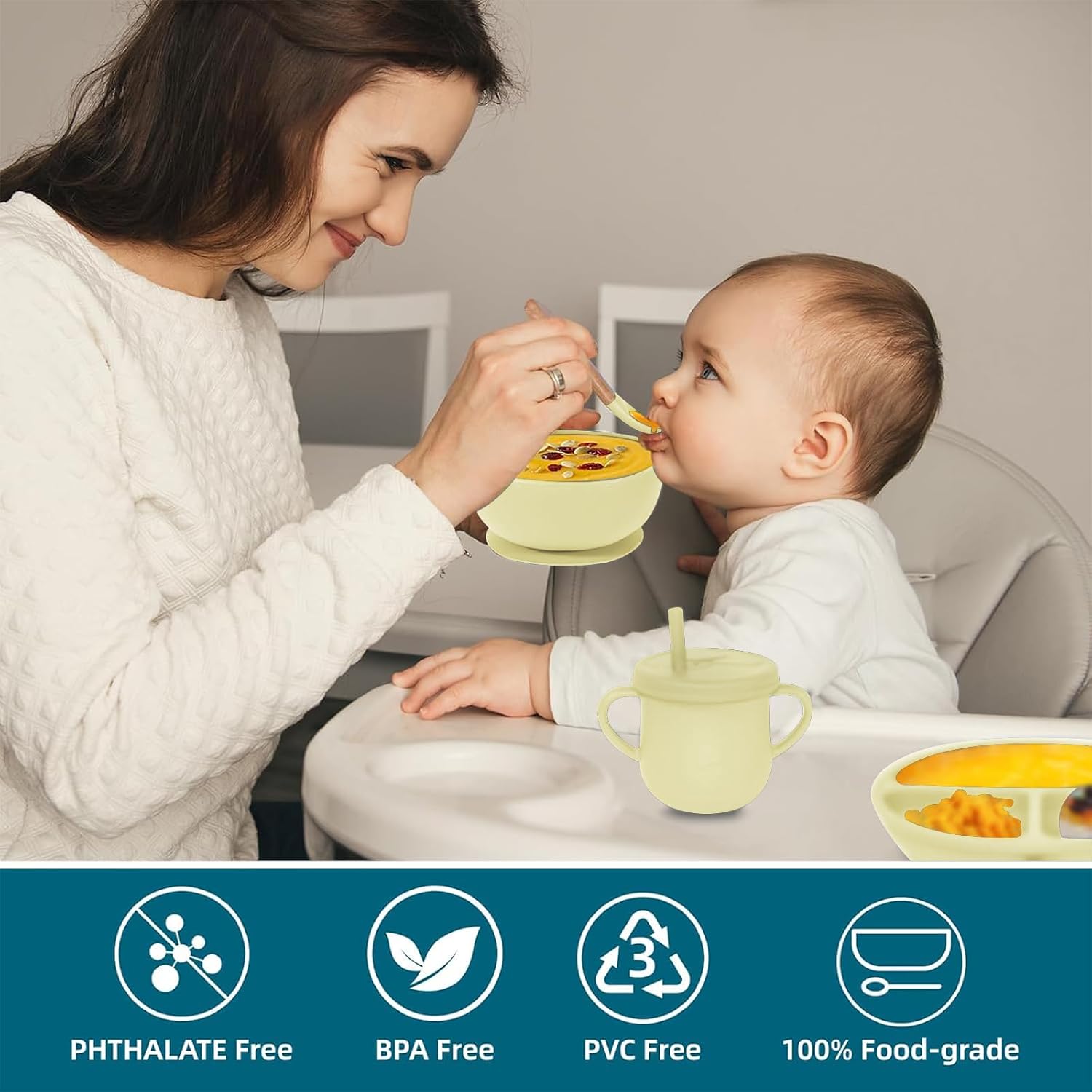 100% Silicone baby feeding set,BPA free Baby dishes set with Suction Bowl Divided Plate,Toddler Self Feeding Dish Set with Spoons Forks Sippy Cup And Bib, Baby Eating Utensils (Yellow)