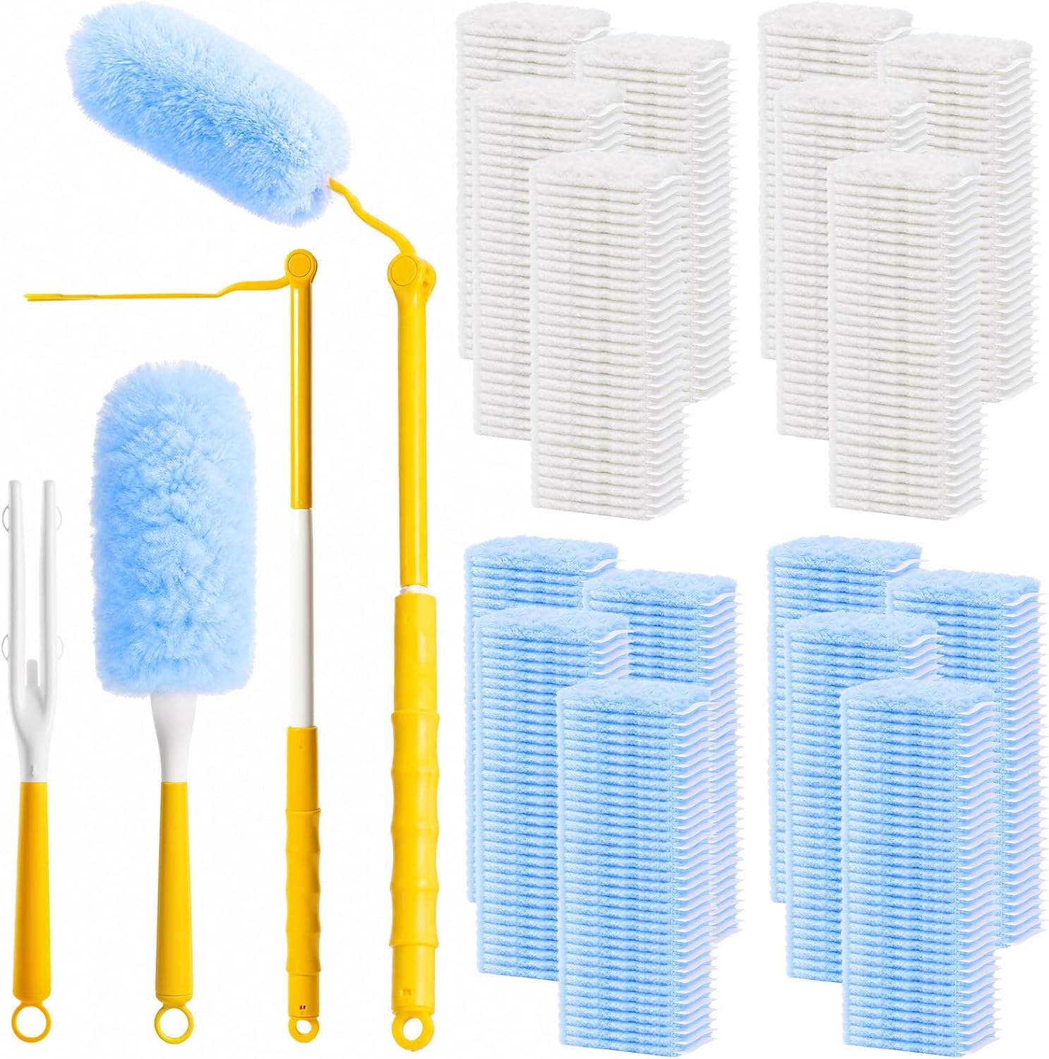 200 Pcs Disposable Dusters Refills Bulk Heavy Duty 360° Dusters Refill with 3ft Extended Handle and Short Handle, Multi Surface Replacement Duster Kit for Cleaning Ceiling Fan (Blue,White)