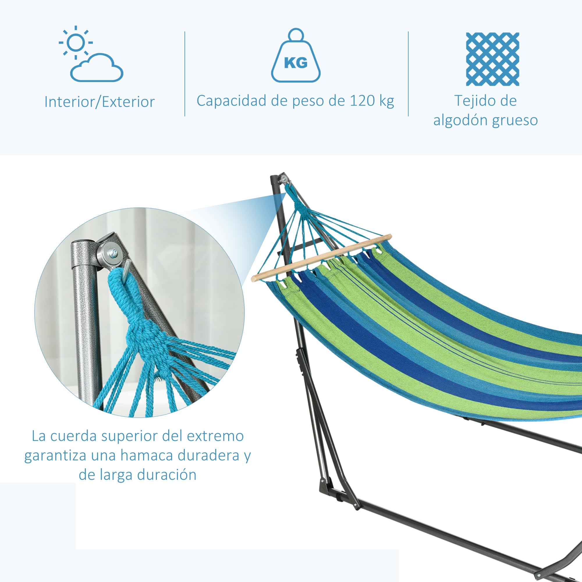 Outsunny Hamaca con Soporte Plegable 2 en 1, Tendedero con Barra, Estructura de Acero, Hamaca de Camping Portátil de Algodón, Carga 120 kg, para Jardín, Patio, Terraza, 270x100x94 cm, Azul y Verde