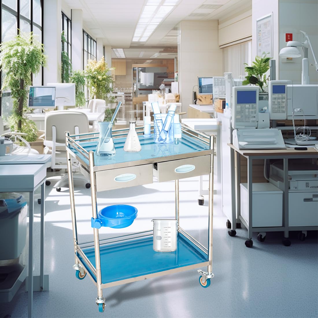 Chariot de service avec tiroirs, chariot de laboratoire en acier inoxydable, chariot de rangement à 2 étages, chariot de rangement avec roulettes, chariot de cuisine, chariot de laboratoire,