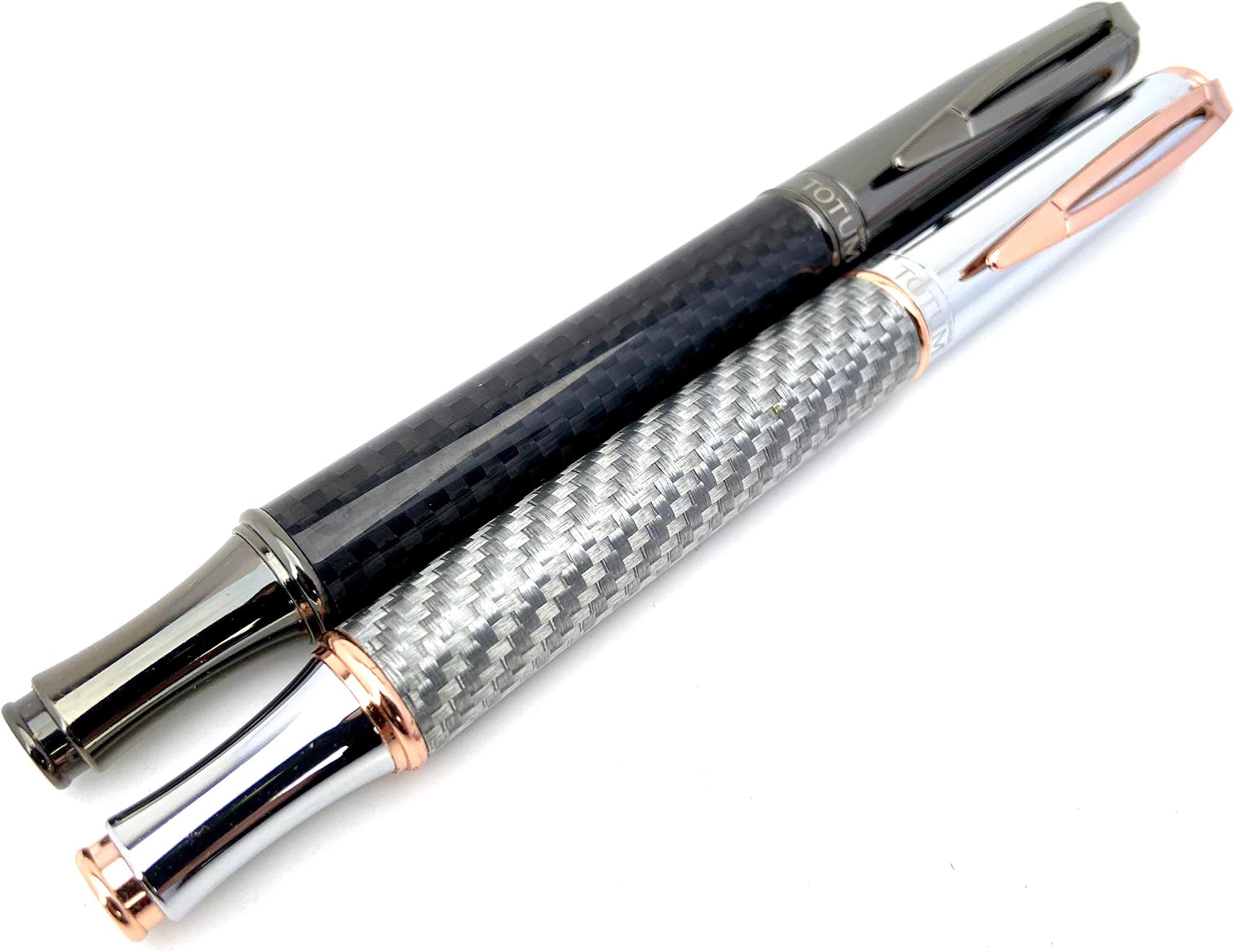 Carbon Fiber Metal Roller Pen - Bold Black/Black for the King and Beautiful White/Rose Gold Queen Pen Set. Perfect gift for couple, professional, men and women. Shoptotum