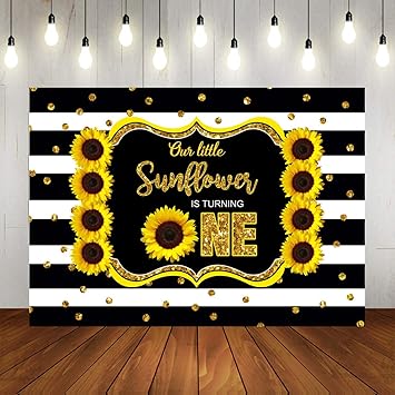 Sunflower Theme 1st Birthday Party Photography Backdrop Our Little Sunflowr is Turning One Photo Background 7x5ft Black and White Stripes Golden Dots Happy First Birthday Party Decoraitons Banner