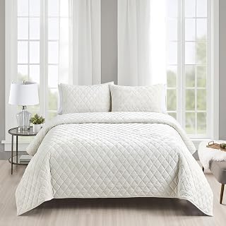 Fredsure Distressed Velvet Quilt Set, 3 Pieces Light Ivory Queen, Distressed Velvet Face and Brushed Microfiber Reverse, with Diamond Quilting