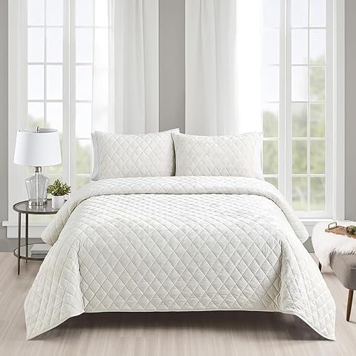Fredsure Distressed Velvet Quilt Set, 3 Pieces Light Ivory Queen,