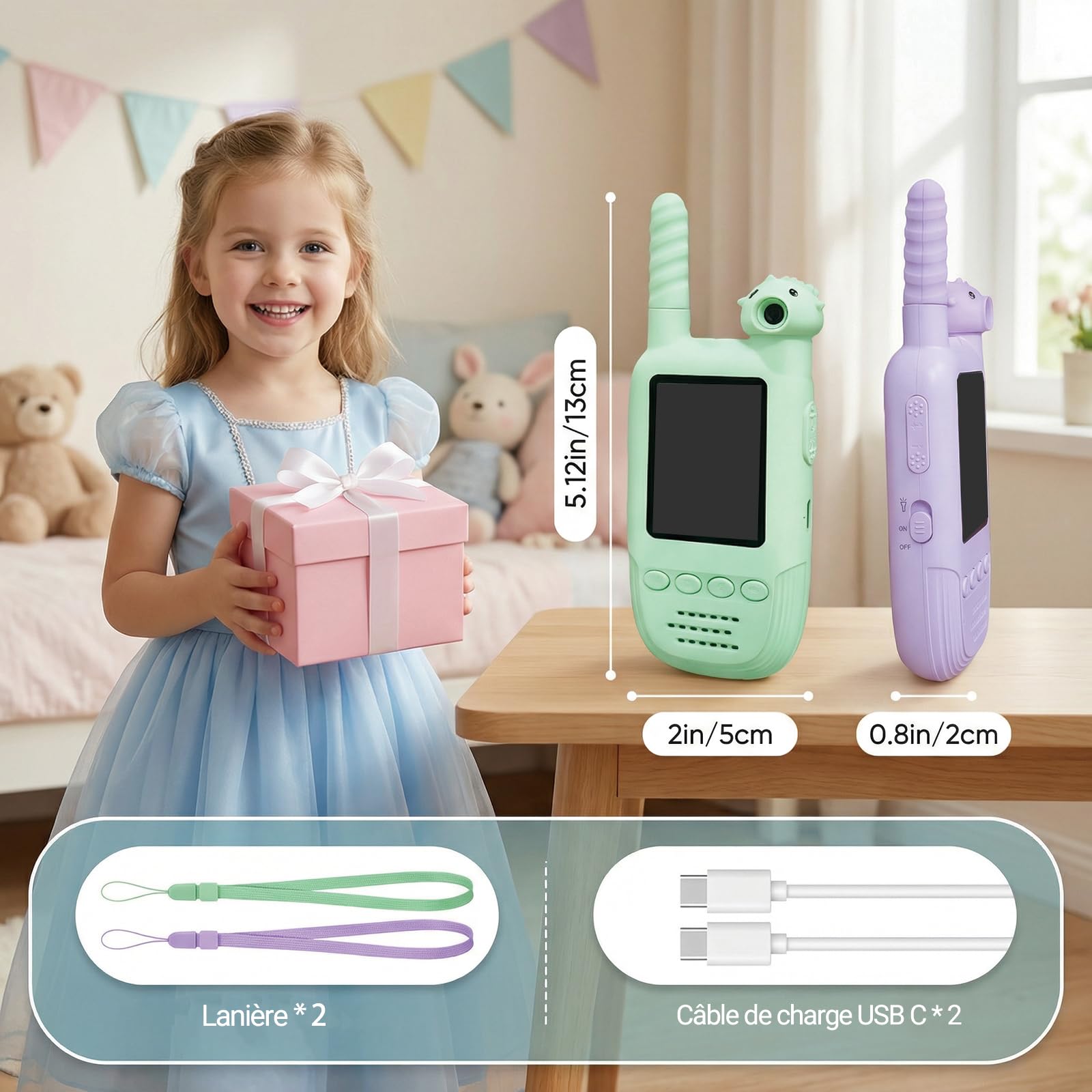 Talkie-Walkie Vidéo pour Enfants 2 Pack, Rechargeable Talkies-Walkies, Caméra Rotative 180°, 6 Effets Vocaux & 10 Sonneries, Idéal Camping Voyage Randonnée, Cadeau Garçons Filles 3-12 Ans