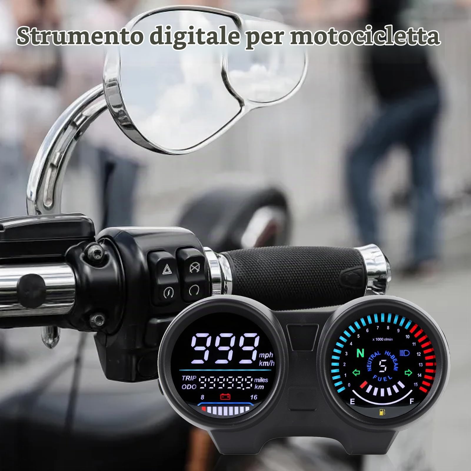 Tachimetro per Moto, 12V 7 Colori Retroilluminato LCD Universale Display Digitale Contachilometri per Moto Tachimetro Indicatore Multifunzionale, per CG 125 2000-2008