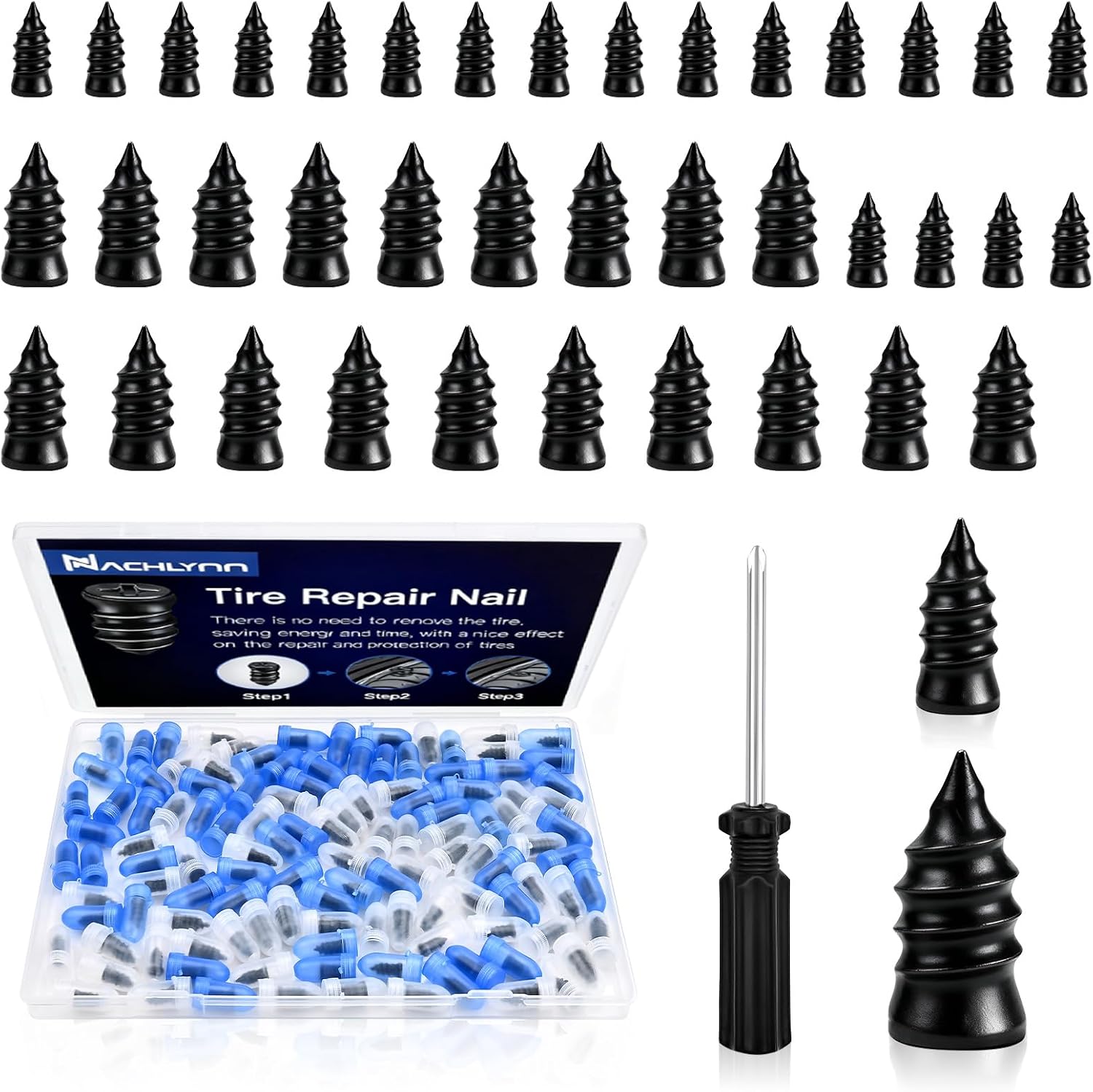 NACHLYNN 40 Pcs Tire Repair Rubber Nail Kit Tire Repair Nails with 2 Sizes and Screwdriver for Car Motorcycle Truck