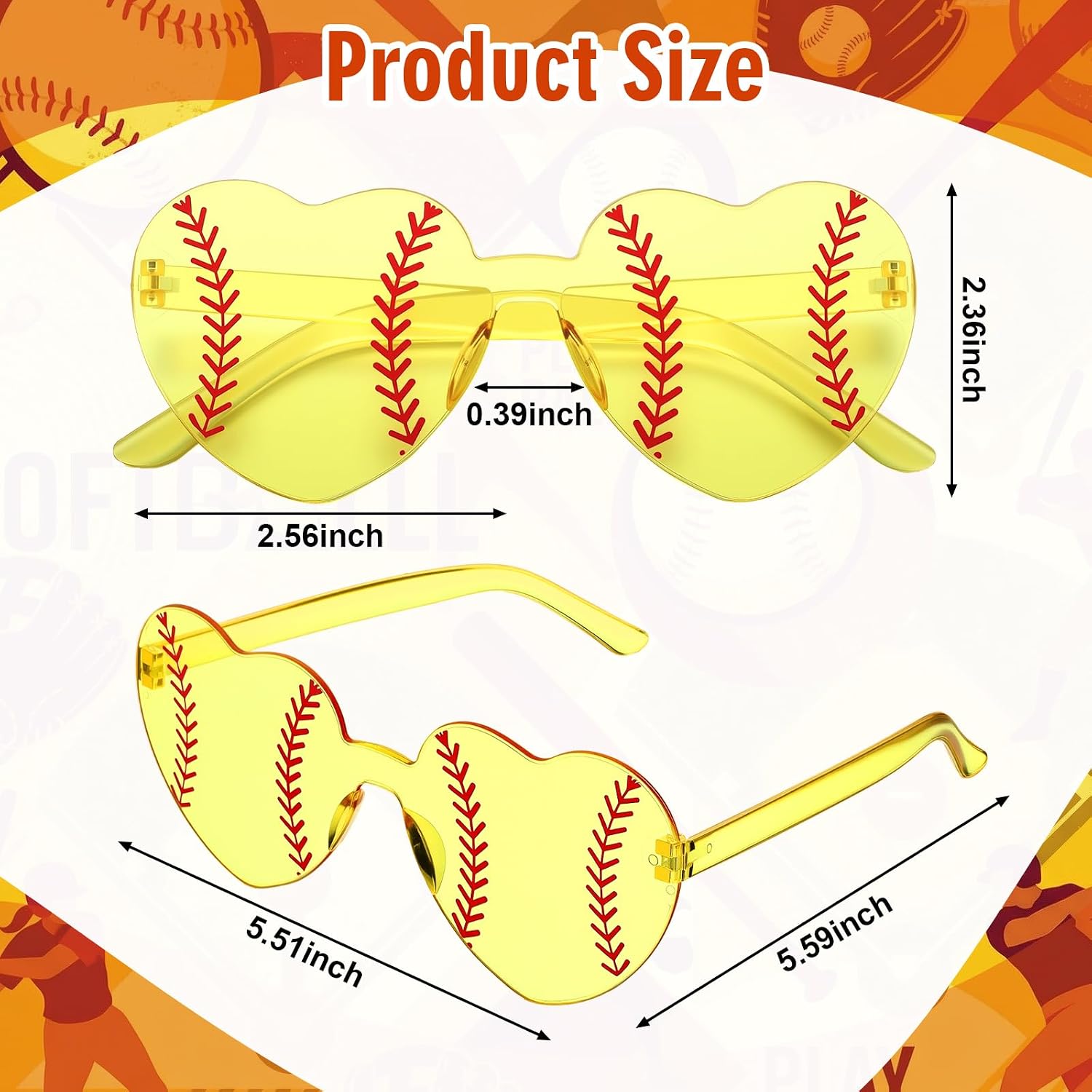 Tellegloww 20 Sets Softball Glasses Gifts with I Love Softball Card Yellow and Red Heart Shape Glasses