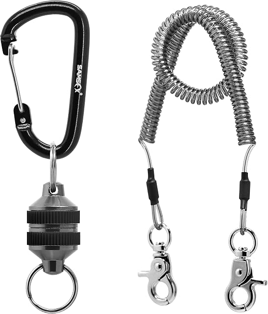 SAMSFX Fly Fishing Magnetic Net Release Holder Keeper Magnet Clip Landing Net Connector with Coiled Lanyard for Cord Free Heavy Gear