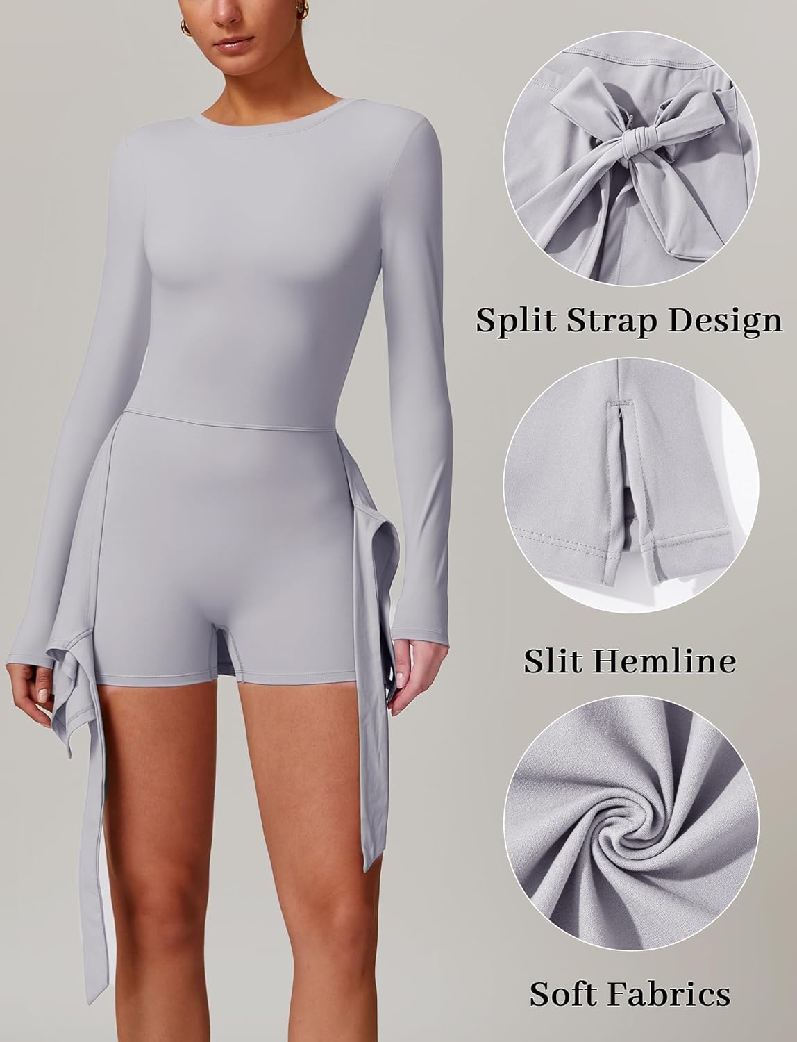 FEOYA Women's Long Sleeve Tennis Dress with Built-in Shorts Quick-Dry Backless Activewear Dress Tie Waist Romper Skorts