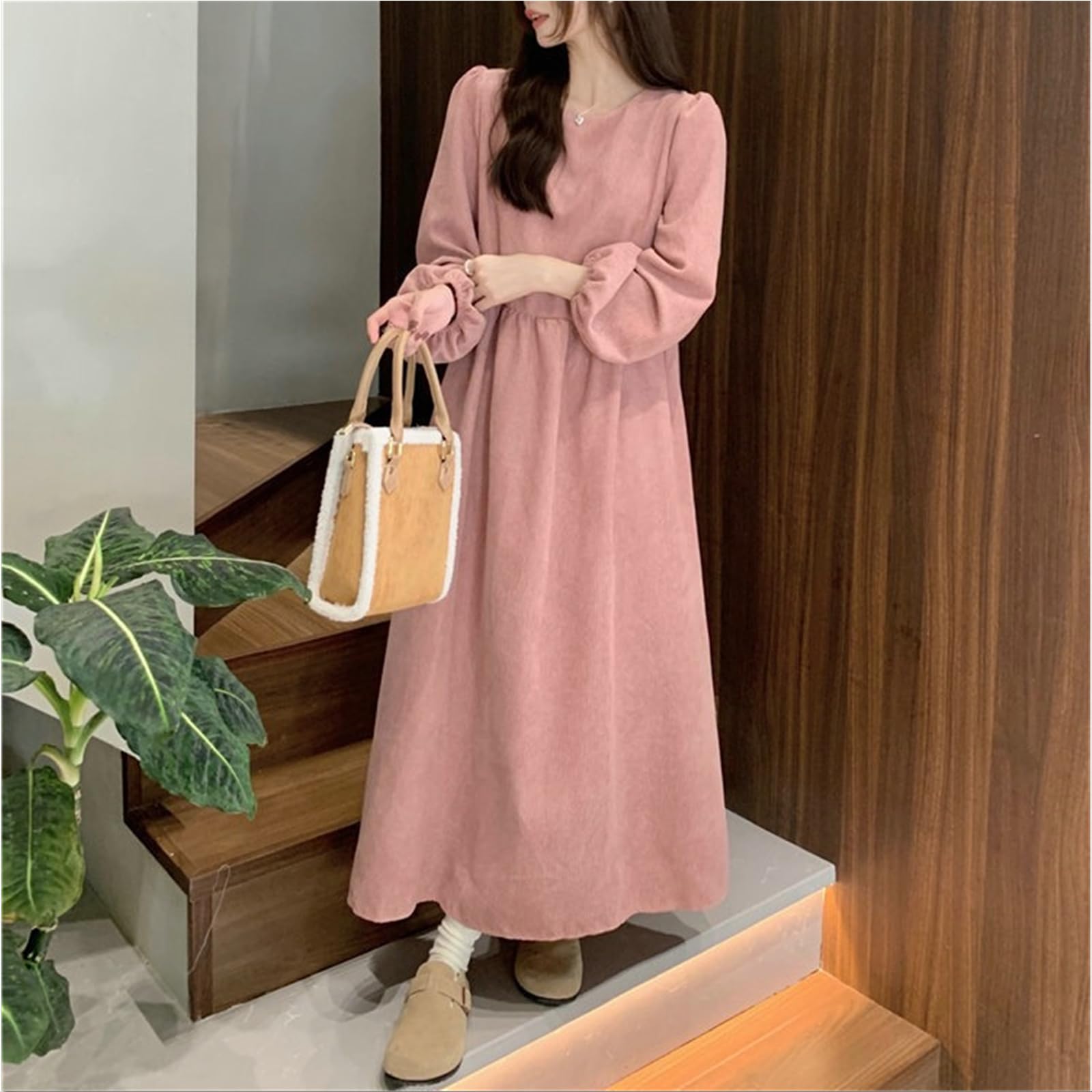 Vestito Donna Autunno Abito A Velluto A Velluto A Maniche Lunghe di Lanterna Francese Femminile Abito Lungo da Donna-Rosso Chiaro-XL
