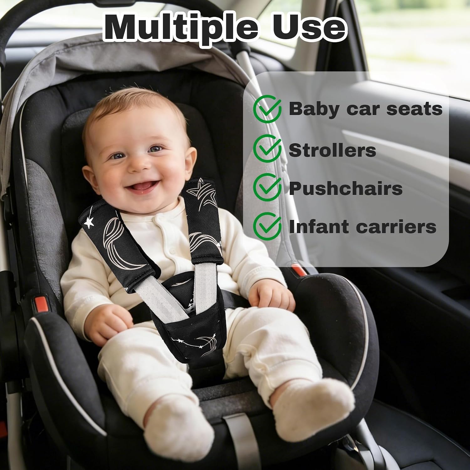 GFU Car Seat Strap Pads for Baby 3Pcs, Soft Shoulder Pads for Comfort, Reversible Seatbelt Covers for Kids, Perfect for Baby Car Seat, Stroller, Swing, High Chair, Black Star