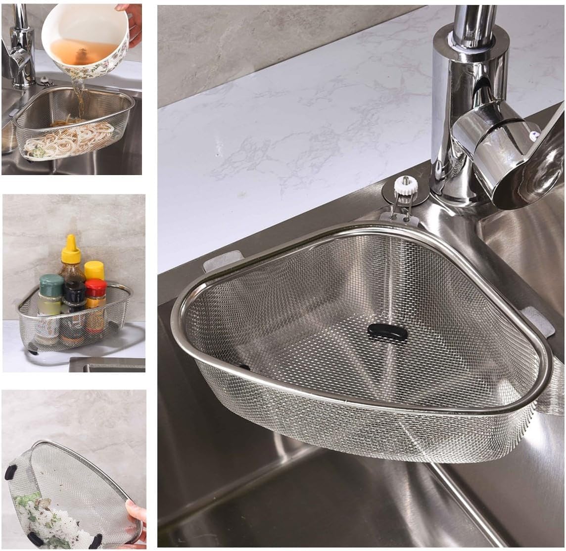 Kitchen Triangle Sink Strainer, Stainless Steel Corner Sink Basket, Multifunction Drain Filter for Food Waste, Fruits, Vegetables & Sponge Storage