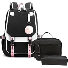 School Backpack for Girls Color-block School Bag with Lunch Box Pencil Case Set 3PCS Girls Backpack for School Kids Bookbag with USB Charging Port