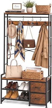 Faesun Hall Tree with Bench and Shoe Storage, Coat Rack, 5-in-1, 31.5" Entryway Bench with 2 Fabric Drawers, Mudroom Bench with Storage and Hooks, Rustic Brown