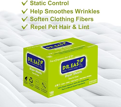 Miniatura 5 de Dr.Easy - Hojas de secado libres y transparentes a base de plantas, todos los ingredientes para pieles sensibles, 160 unidades, 100% rayón, hoja