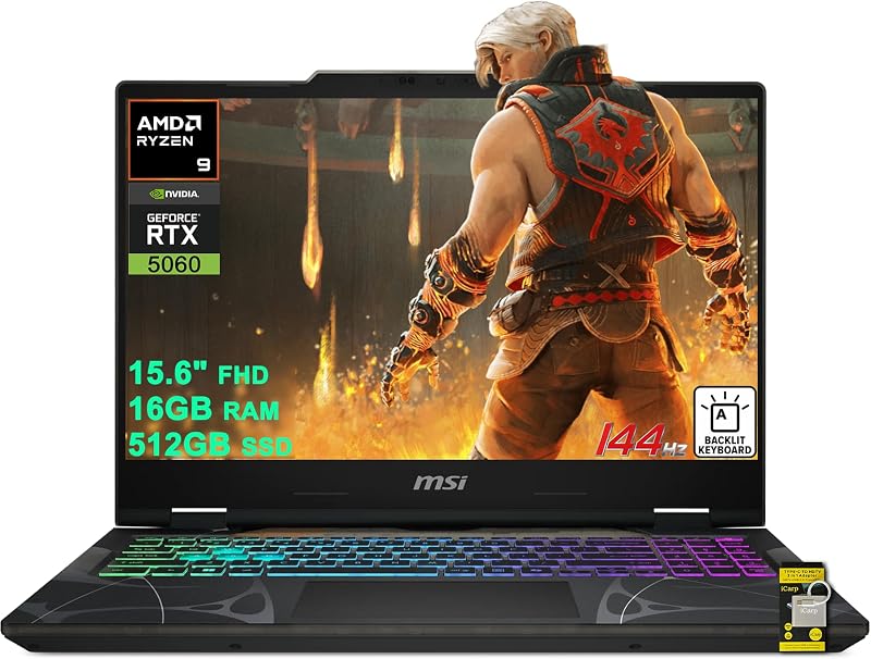 msi Cyborg 15 Gaming AI Laptop 15.6" FHD IPS 144Hz AMD 8-core Ryzen 9 270 (Beats i9-12950HX) 16GB RAM 512GB SSD GeForce RTX 5060 GDDR7 (Up to 572 AI Tops) 4-Zone RGB Backlit Type-C Win11 ICP Acc