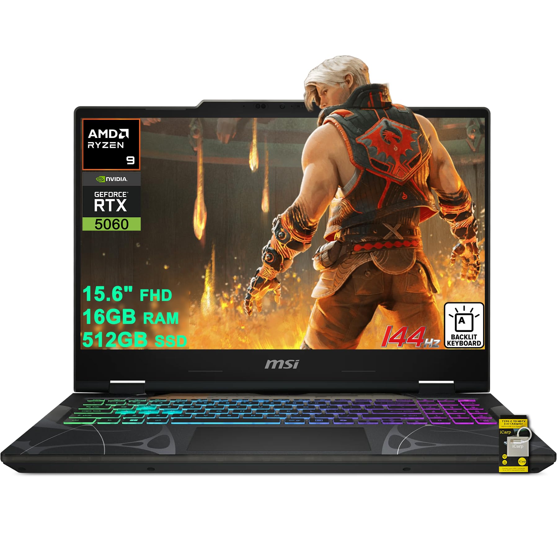 msi Cyborg 15 Gaming AI Ordinateur portable 15,6" FHD IPS 144 Hz AMD 8 cœurs Ryzen 9 270 (Beats i9-12950HX) 16 Go de RAM 512 Go SSD GeForce RTX 5060 GDDR7 (jusqu'à 572 AI Tops) 4 zones RVB