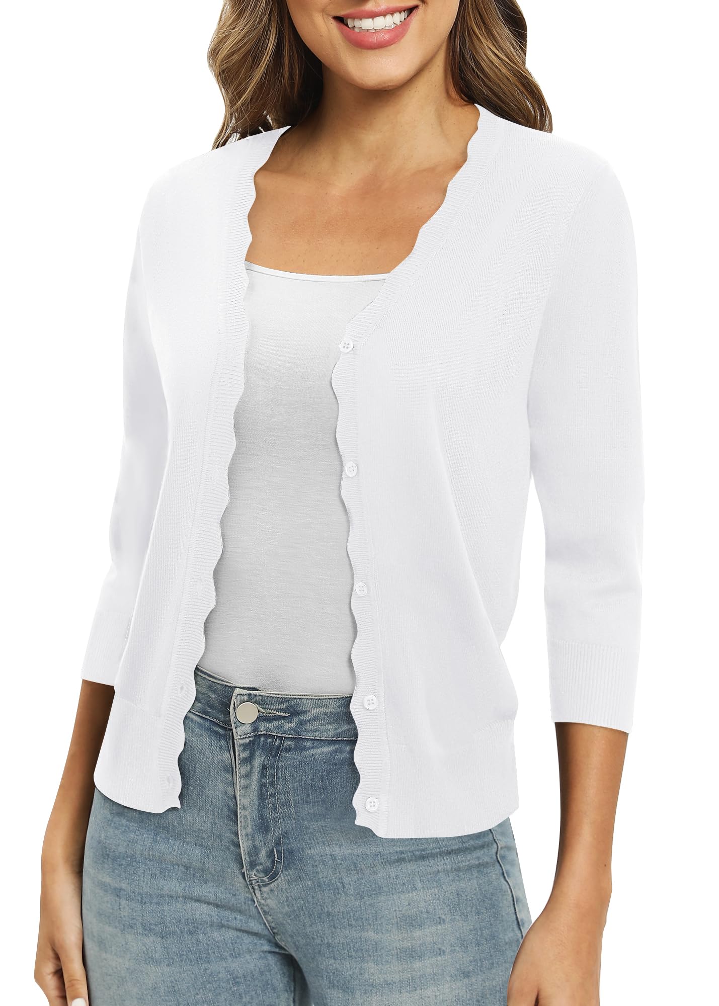 EXCHIC Women's 3/4 Sleeve V-Neck Cardigan Sweater Lightweight Button Down Short Shrug Sweaters for Dresses