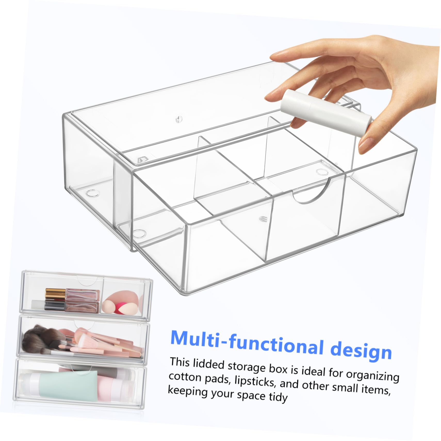 3 piezas Caja Organizadora Maquillaje Transparente con Tapa Organizador de Cosméticos con Compartimentos para Lápices Labiales y Algodón Almacenamiento Compacto y Resistente para