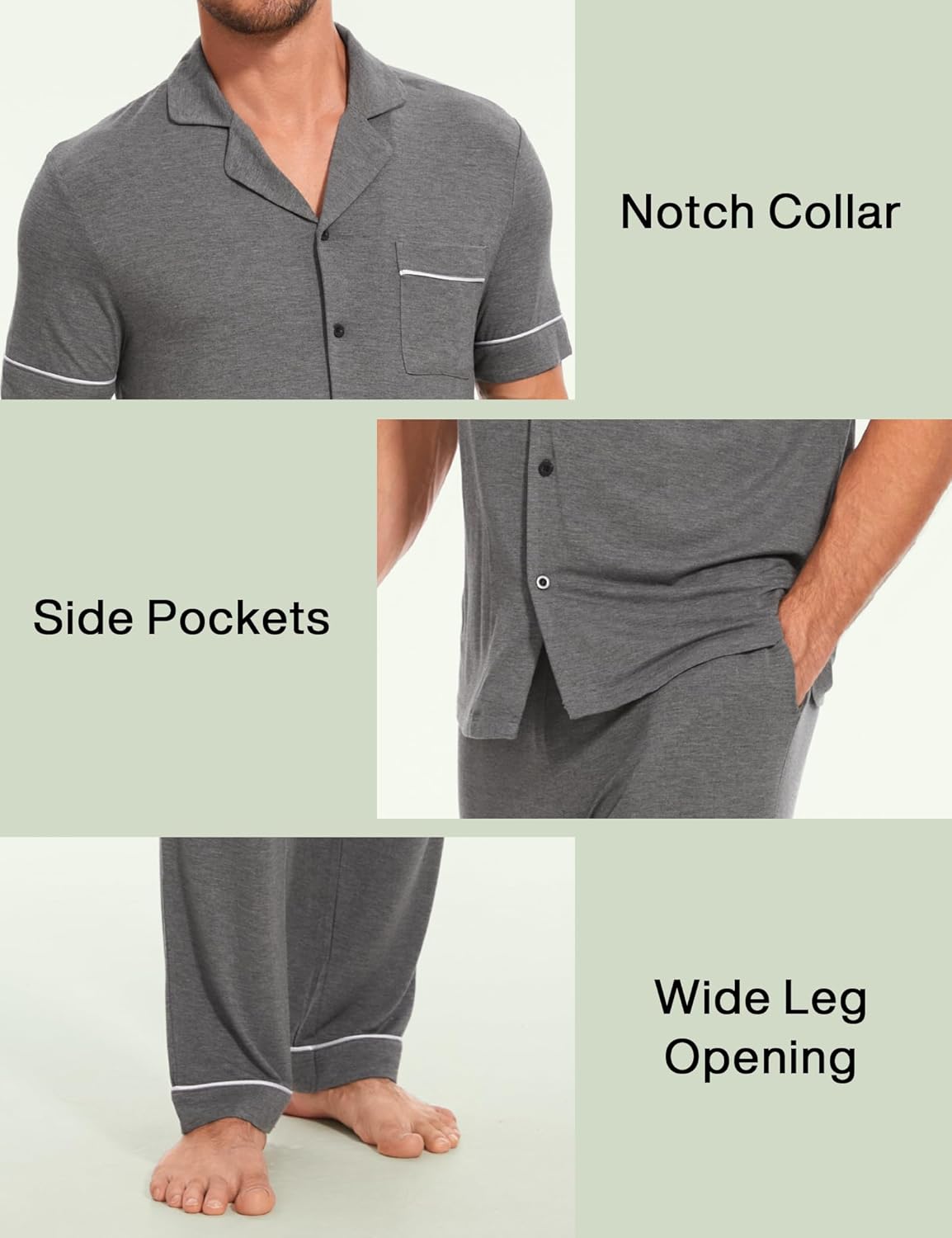 GYS Bamboo Viscose Men's Pajama Sets Short Sleeve Notch Collar Lounge Set with Pockets - Image 5