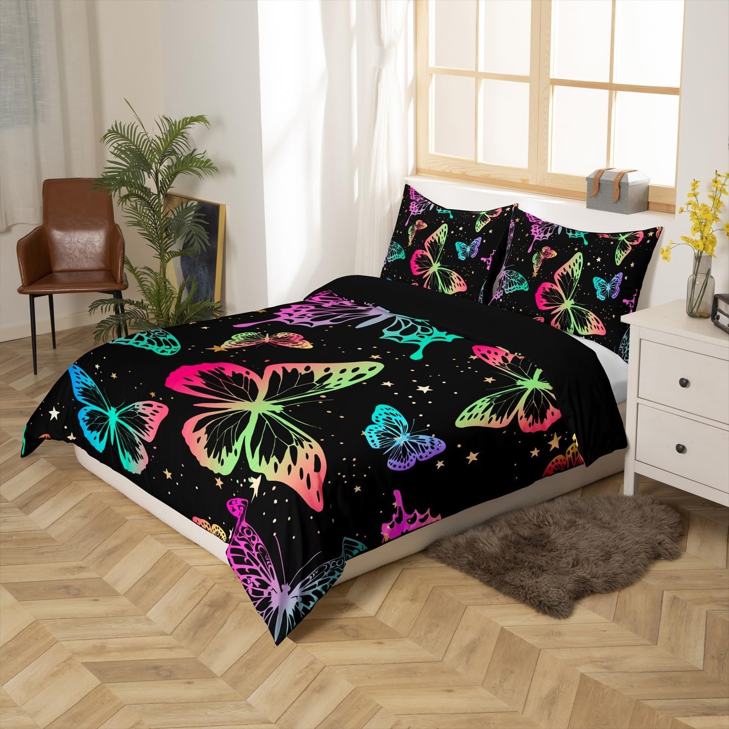 Erosebridal Butterfly Duvet Cover Queen Starry Sky Galaxy Colorful Ombre Butterflies Bedding Set for Kids Girls Teens Women Cartoon Quilt Cover Room Decor with 2 Pillow Cases