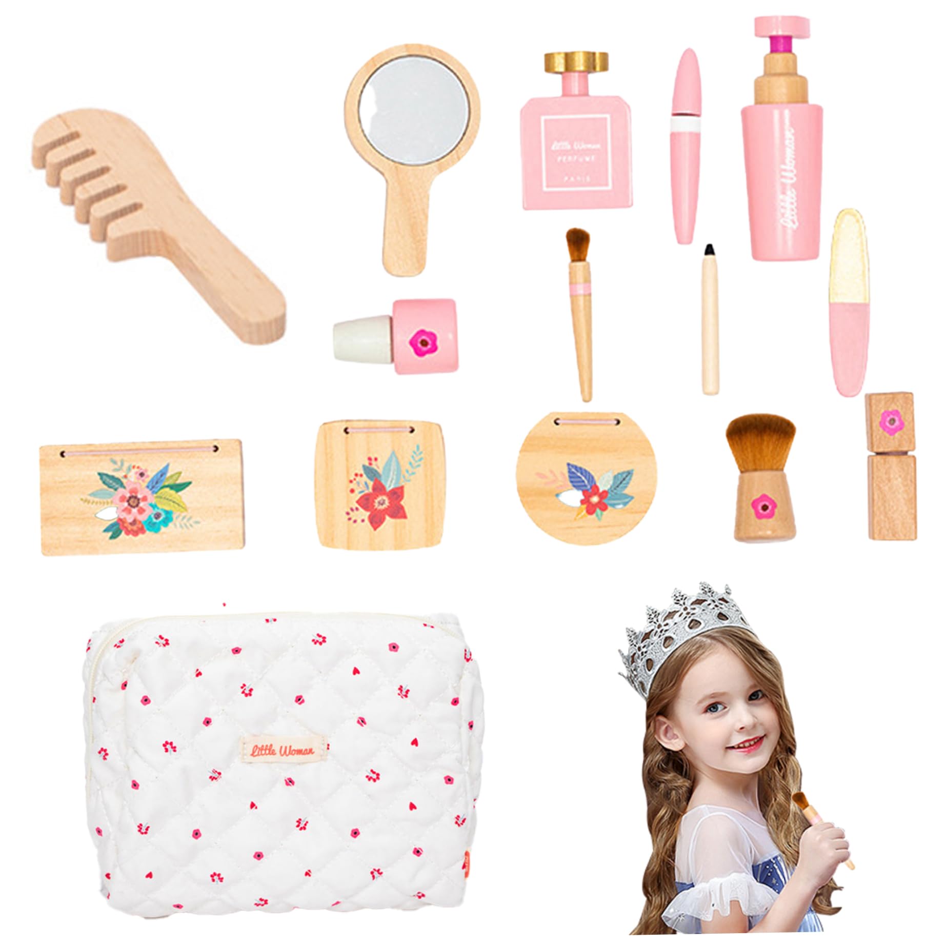 Juego de Juguetes de Maquillaje de Madera, Maquillaje Completo, Interactivo imaginativo, Juguete de Lindo Educativo temprano con Bolsa de algodón, para niñas..