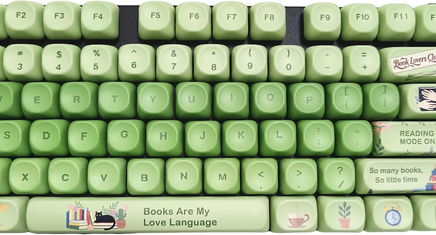 Keycaps for Mechanical Keyboard PBT Green Cute Reading Bookish Book Lovers Gift for Birthday Librarian Reader Teacher (Green)