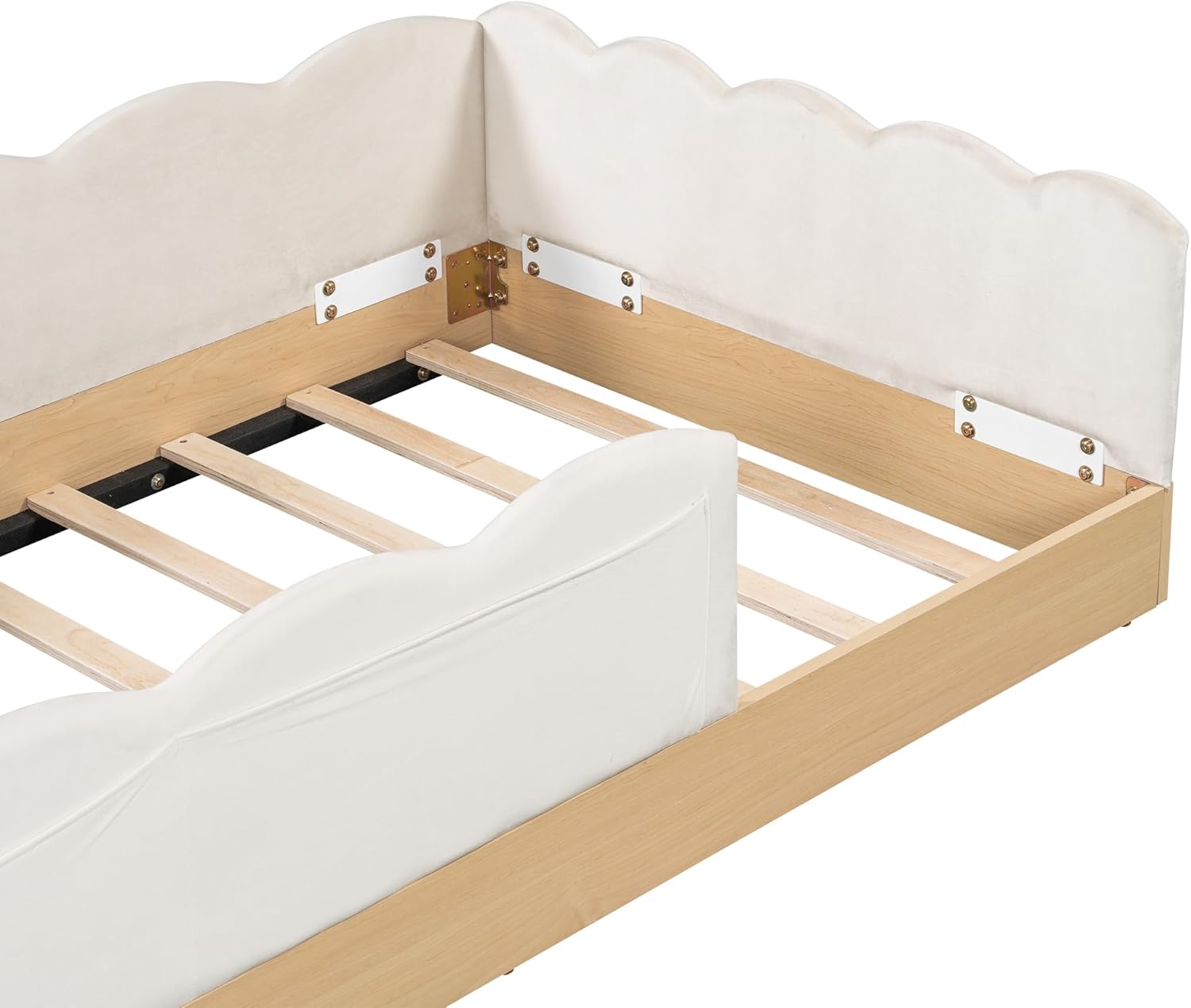 Lovely Twin Size Upholstered Platform Bed with 2 Soft Pillows and Storage Bags, Princess Bed Frame with Cute Rabbit Ear Shaped Headboard and Guardrails for Bedroom, No Box Spring Required (Beige-X52)