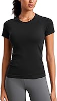 CRZ YOGA Women's Seamless Hip Length Workout Top - Breathable Running Gym Yoga Short Sleeve Crewneck Tee
