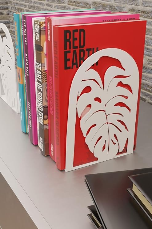 Risingmaber Dekoratif Beyaz Yaprak Desenli Metal Kitap Tutucu Kitap Desteği (İkili Set) MK14B
