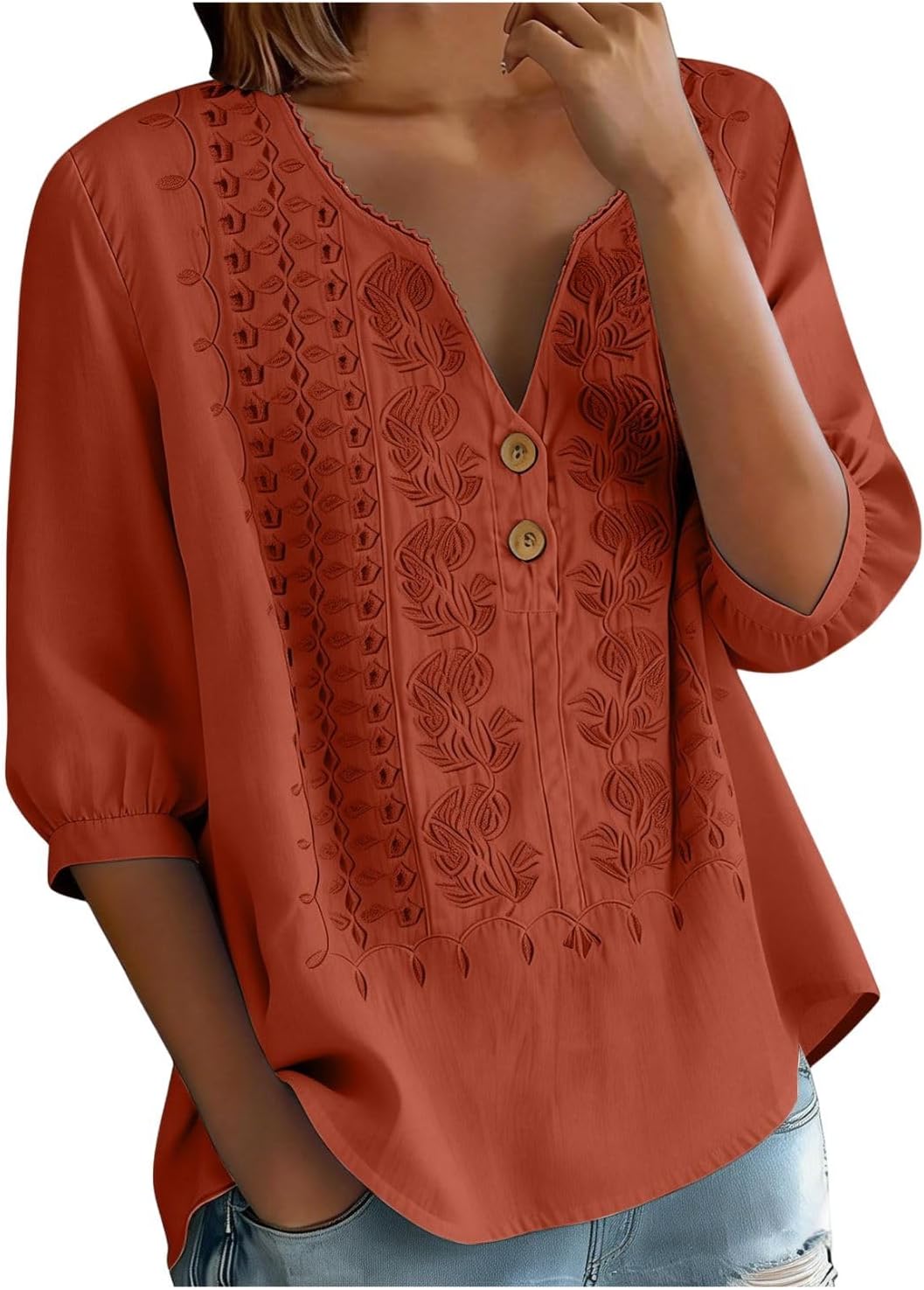 Embroidered Linen Shirts for Women - v Neck 3/4 Sleeve Length Boho Tops Plus Size T...