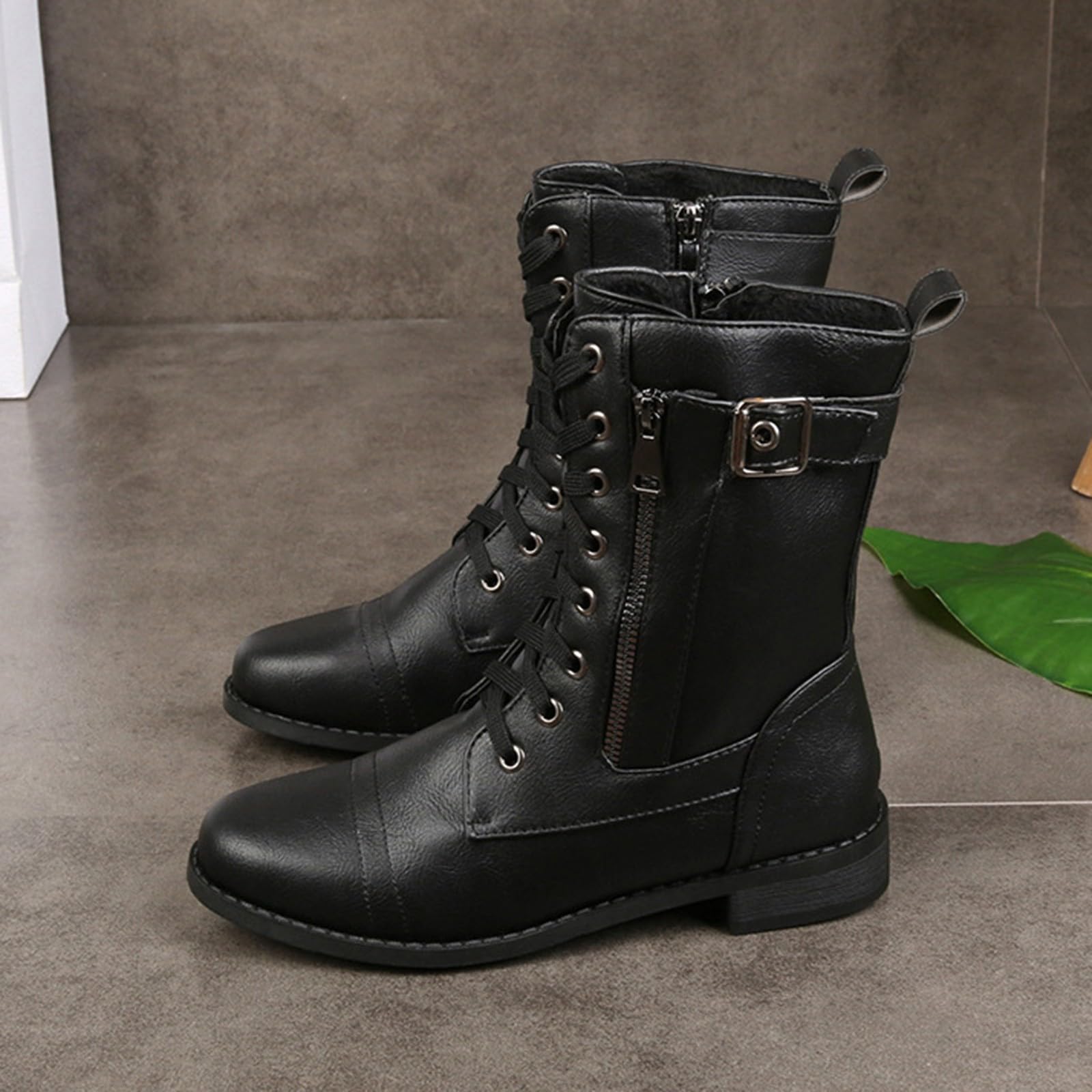 Botines para mujer con tacón de piel – Botines con cordones de piel sintética Botas de saltar de punta redonda Botas de equitación de media altura antideslizante Botas de invierno Botas de moto con