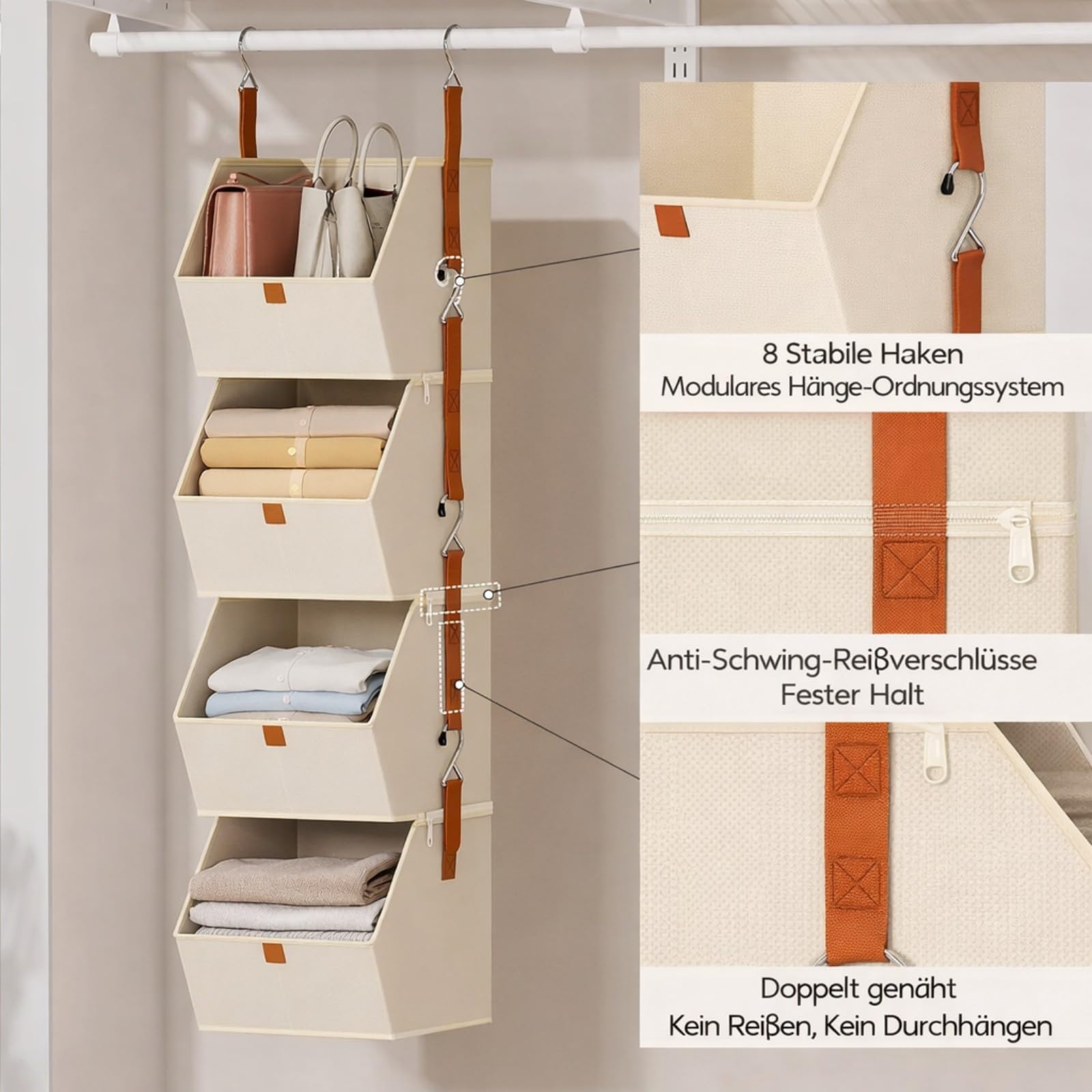 Hängeorganizer Kleiderschrank mit 4 Fächern – Faltbare Hängeaufbewahrung aus Stoff, Abnehmbarer Schrank Organizer mit Metallhaken, Hängeregal für Kleidung, Taschen & Spielzeug (bai)