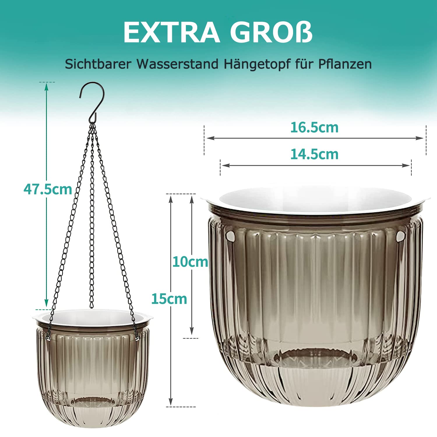 iDattel 2er Set Selbstbewässernd Blumenampeln Hängeampel Blumentopf Pflanzen, 16,5 cm do wewnątrz hängende Topf mit 3 Hooks Entwässerungslöchern für Innen und Außendeckoration (szary)