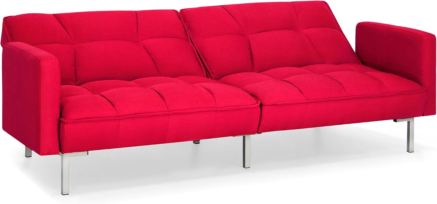 Best Choice Products Linen Upholstered Tufted Convertible Splitback Sleeper Futon w/Pillows, Dark Red