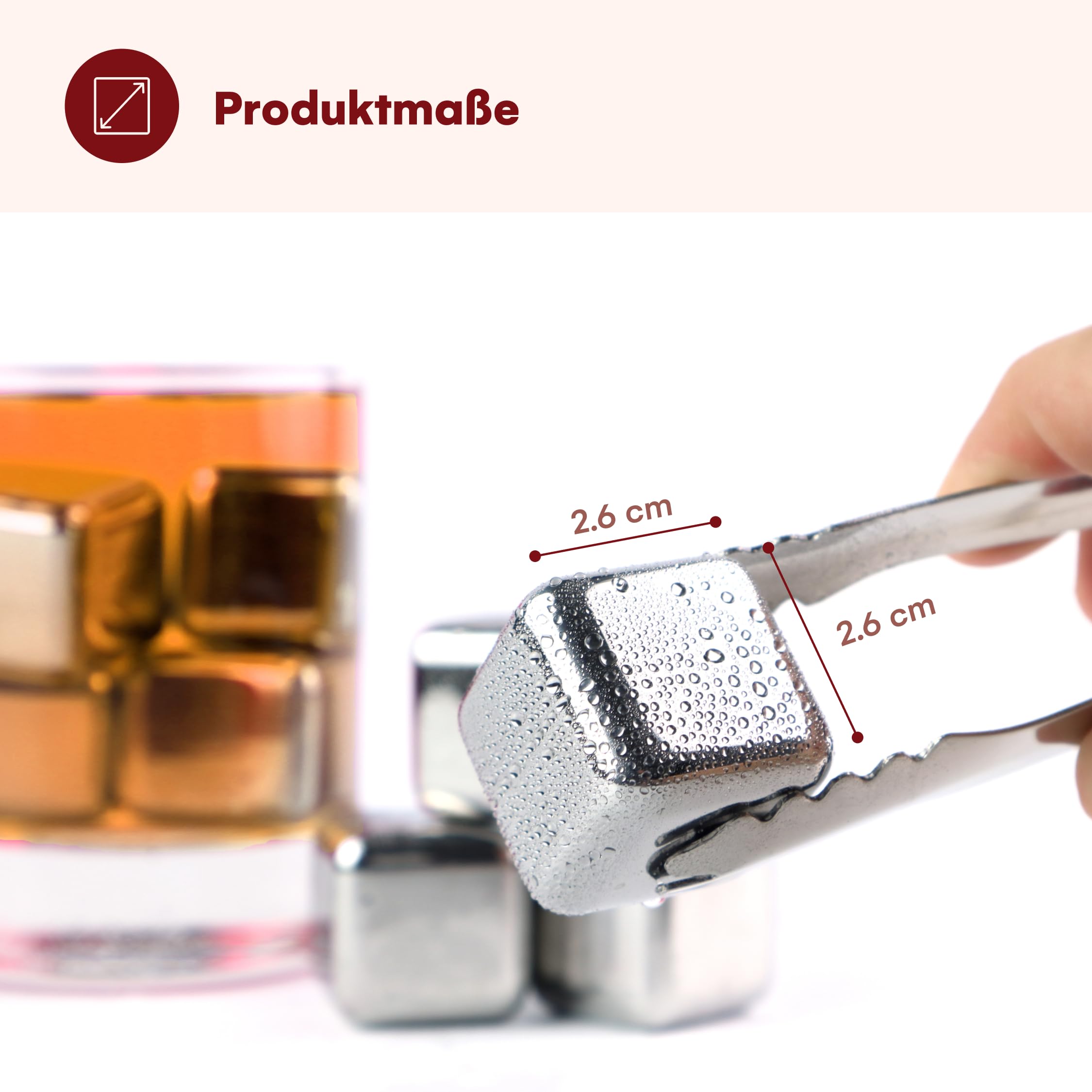 Kitchtic 16 Edelstahl Eiswürfel - Wiederverwendbare Eiswürfel - Rostbeständiger Metallstein zum Kühlen von Wein, Whiskey, und Mehr ohne zu Verdünnen - 2,6x2,6x2,6 cm, Silber - 16 Stück