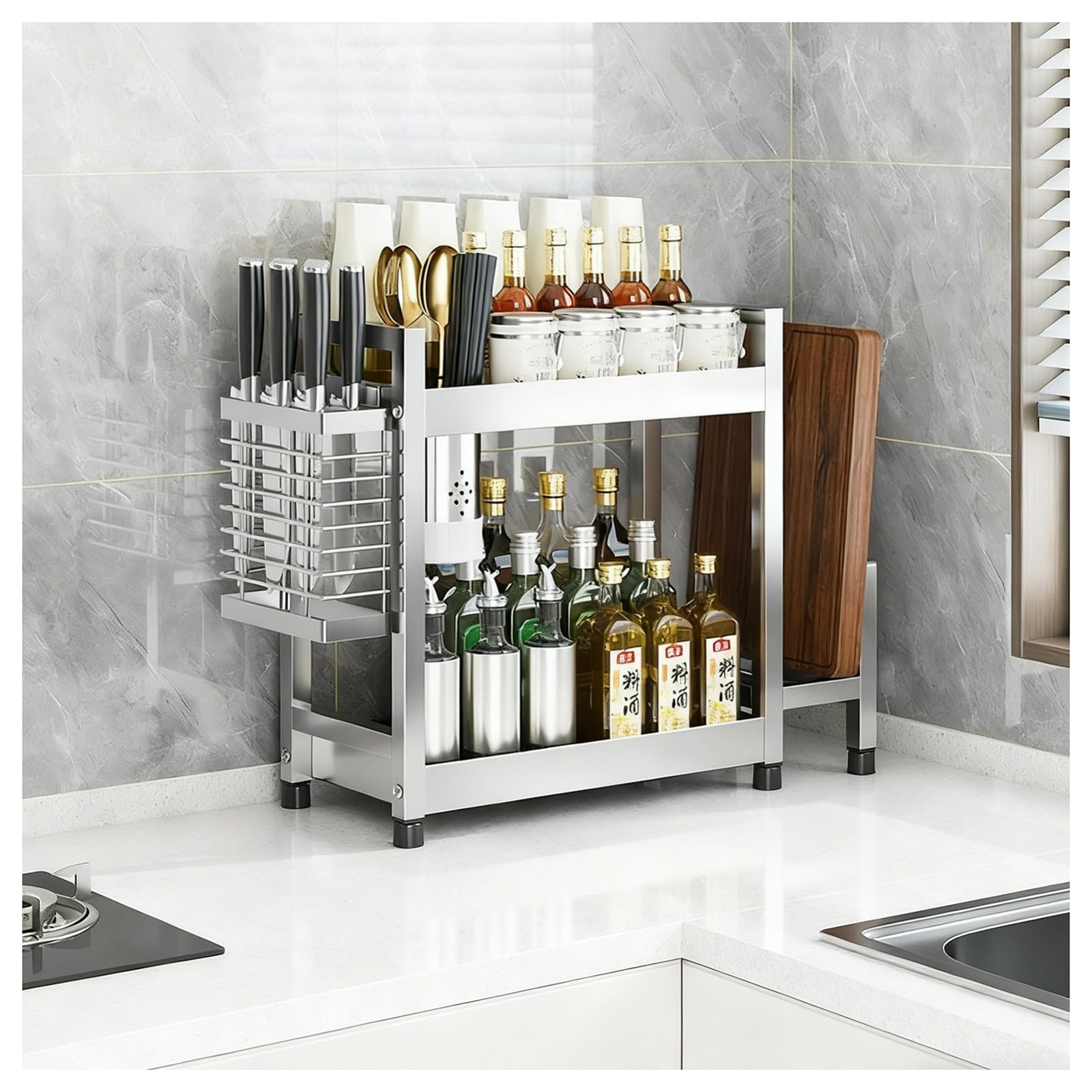 TIANQIHAO Stainless Steel Spice Rack Nizer For Kitchen Worktop, Space-Saving Design With Cutlery Holder And Cutting Board Shelf,2 Tier-30cm/11.8