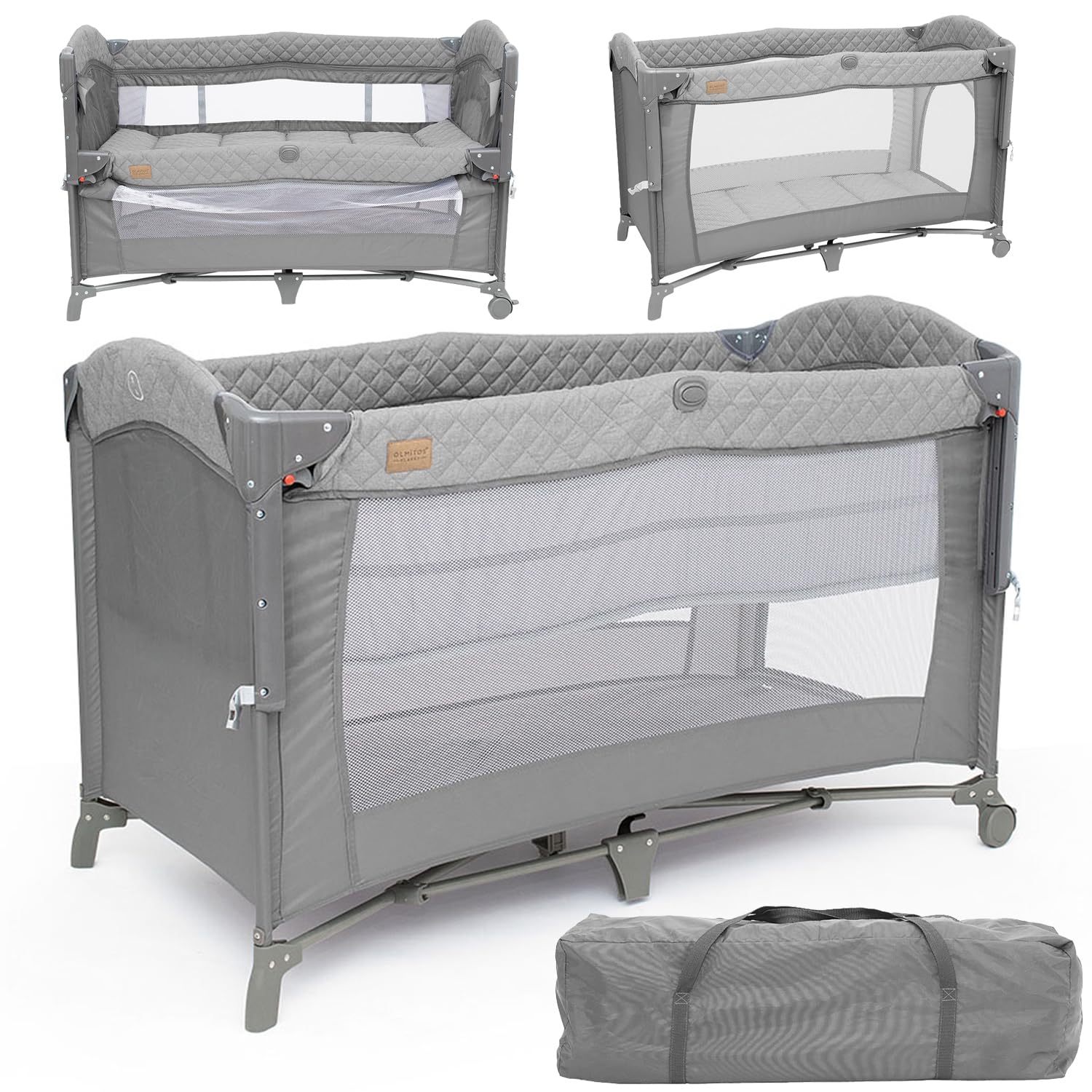 Olmitos - Cuna colecho de Viaje, Parque Infantil y Cuna clásica 3 en 1 - Plegable 2 Alturas con Buena circulación de Aire – Entrada Lateral y Ruedas con Freno - Incluye Bolsa Viaje (Gris)