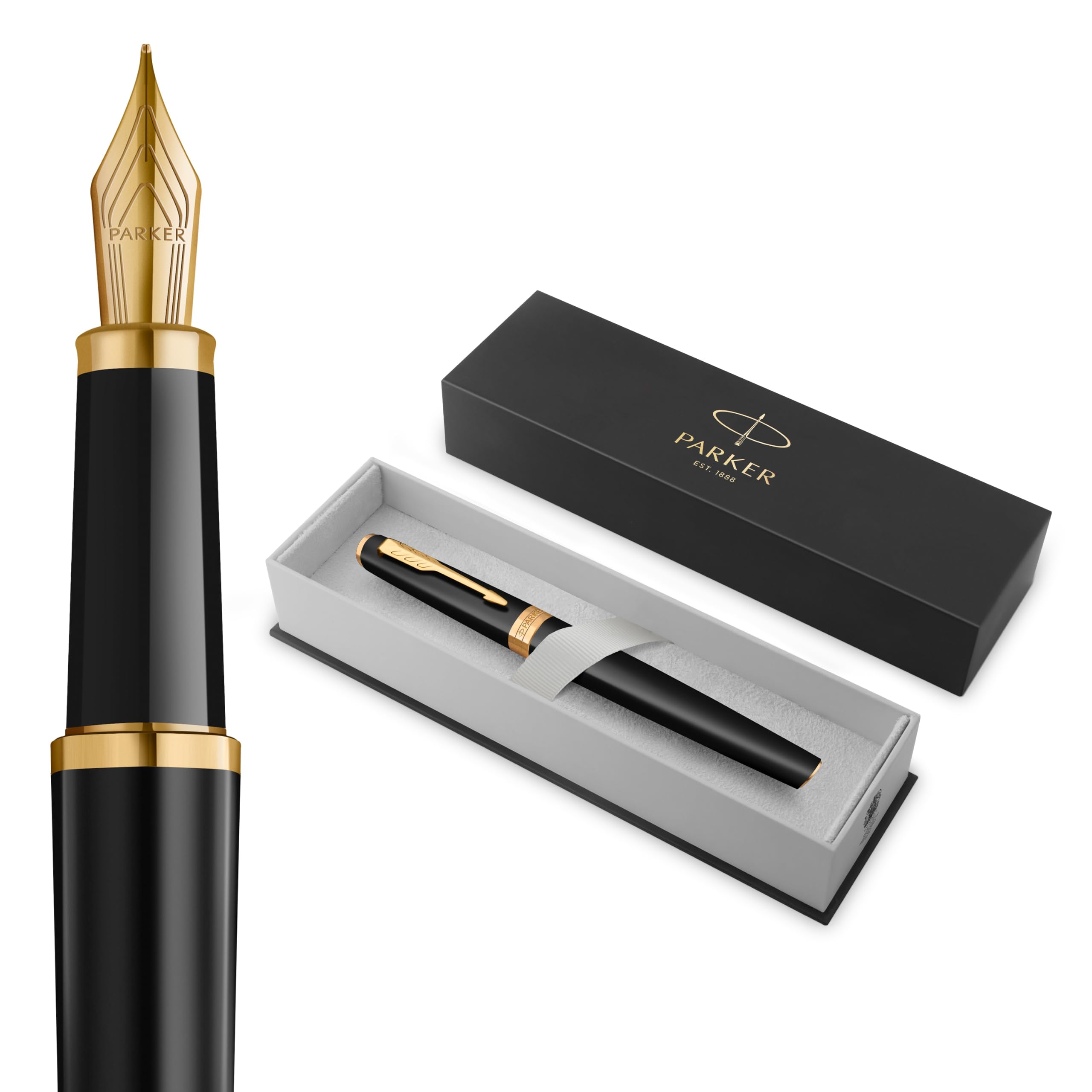 Parker Meridian Penna stilografica | Lacca nera opaca con rifiniture dorate | Pennino fine | Penna da scrittura e Materiali per Cancelleria | Inchiostro blu | Confezione regalo di lusso