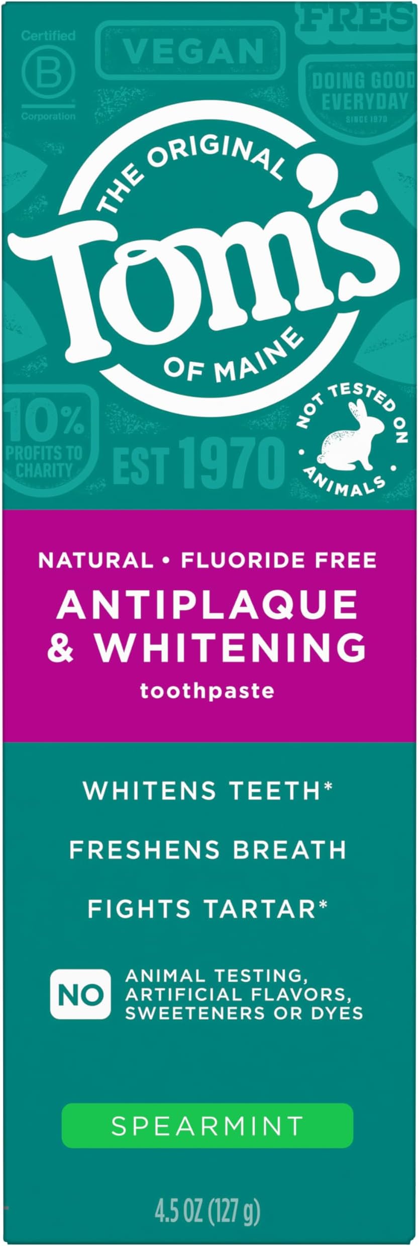 Tom’s of Maine Antiplaque and Whitening Fluoride Free Toothpaste, Spearmint, 4.5 Oz