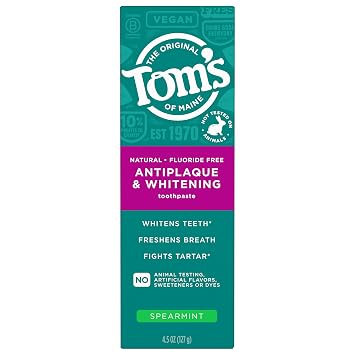 Toms of Maine Antiplaque and Whitening Fluoride Free Toothpaste, Spearmint, 4.5 Oz