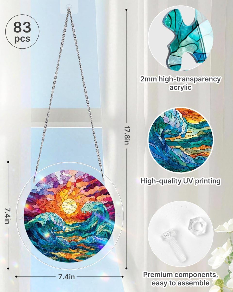 WOODBESTS Acrylic Jigsaw Puzzle Suncatcher 83 Pieces-Golden Tide, DIY Acrylic Puzzle Sun Catcher, Window&Garden Decor, Unique Gifts for Mom, Women,Wife, Sisters, Aunt, Besties 8.2in