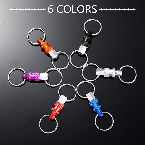 Miniatura 3 de Paquete de 6 llaveros de liberación rápida desmontables, acoplador desmontable con 2 anillos divididos (rojo, azul, morado, plata, naranja, negro)